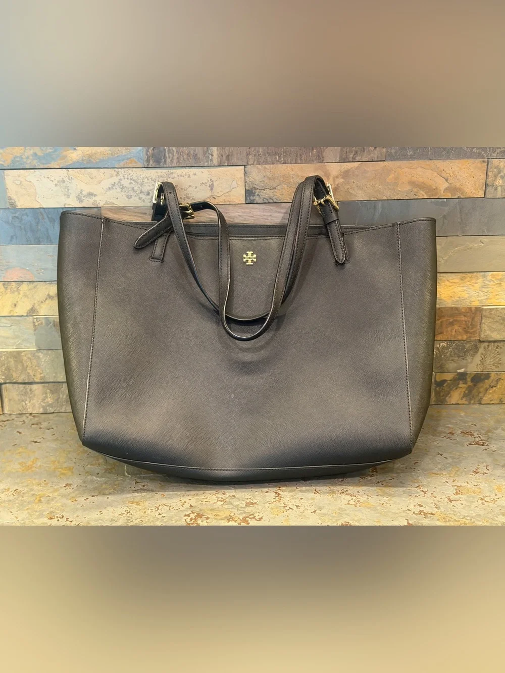 Tory Burch Black Leather Tote with Gold Logo and Hardware